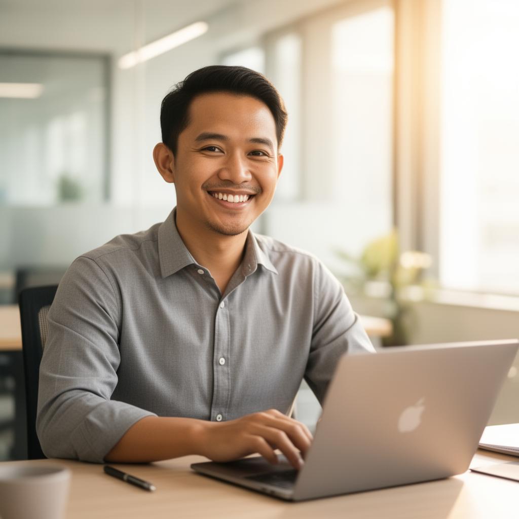 Profesional Indonesia sedang bekerja dengan laptop, siap naik level karier